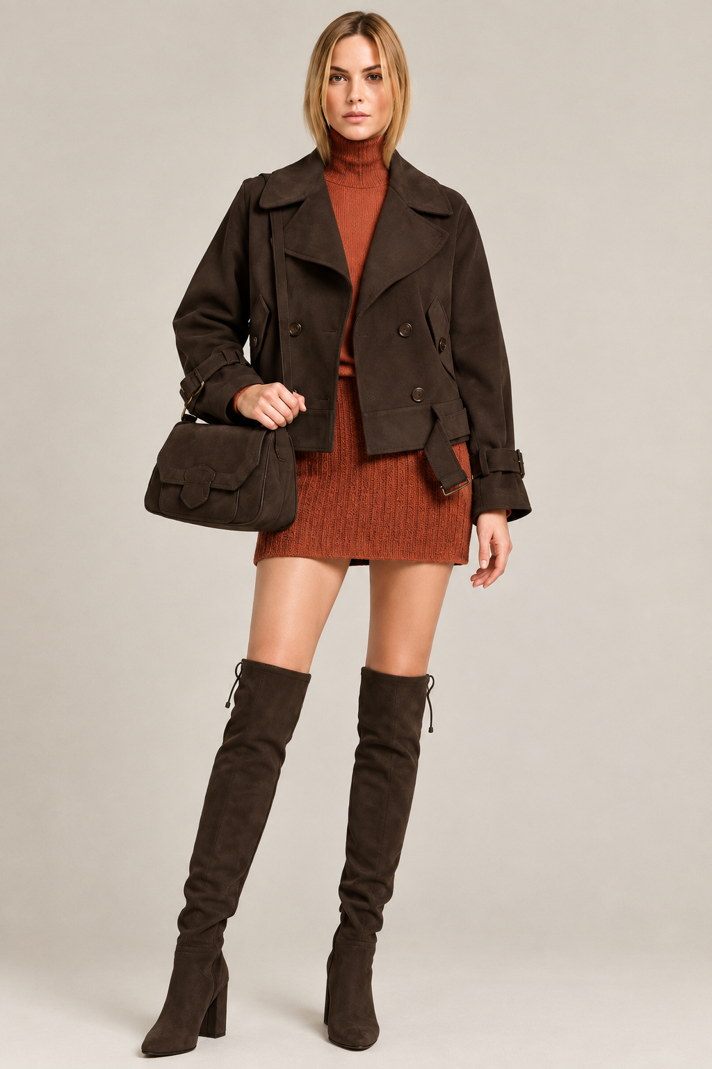 Women's dark brown custom-made thigh-high boots with round toe and mid block heel- Top view